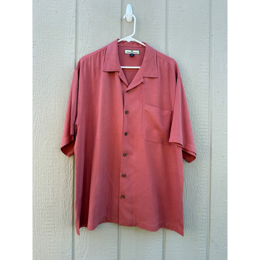 Tommy Bahama Large Silk Camp Shirt Tropical Herringbone Coral Pink Short Sleeve